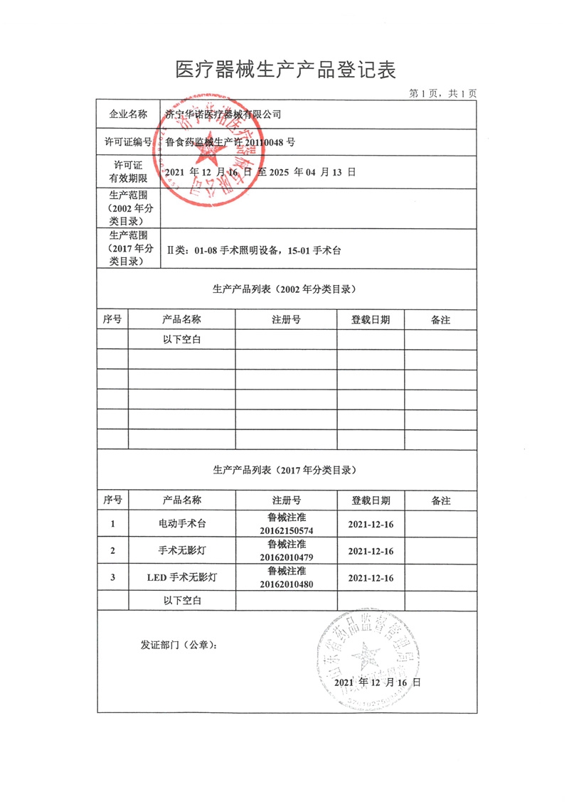 医疗器械生产产品登记表